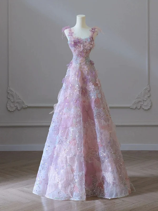 Purple 3D Flower A-Line Prom Dress, Long Party Dress  MD7227