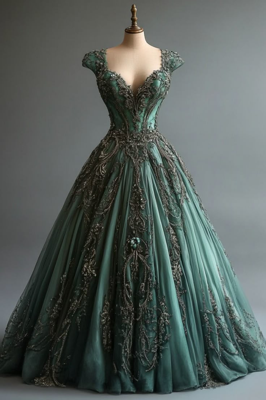 Robe de soirée longue verte rétro sans manches, coupe trapèze, ornée de perles, D905