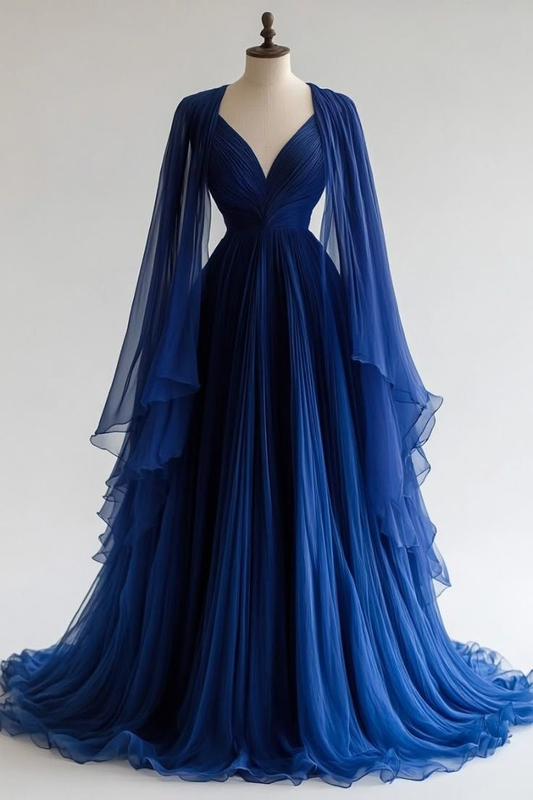 Royal Blue A-Line Chiffon Long Party Dress Evening Gown with Cape Sleeves, D936