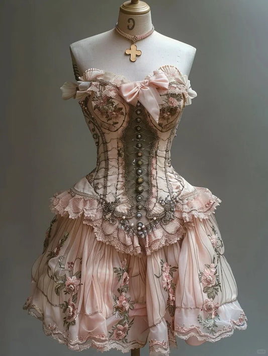 Retro Strapless Sweetheart Lolita Princess Dress A-line Floral Beaded Chiffon Party Dress Homecoming Dress D1570