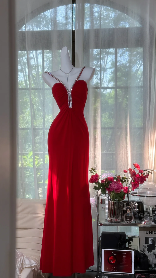 Retro Burgundy Sparkling Sequin Spaghetti Strap Romantic Sweetheart Evening Dress Prom Dresses, D1459