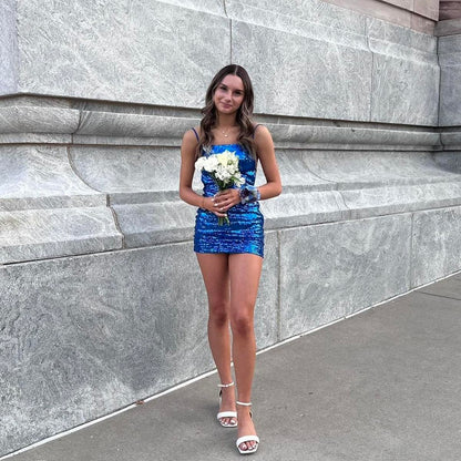 Pretty Homecoming Dress Spaghetti Strap Hugging Sequins Back to School Outfits Party Dress D6708