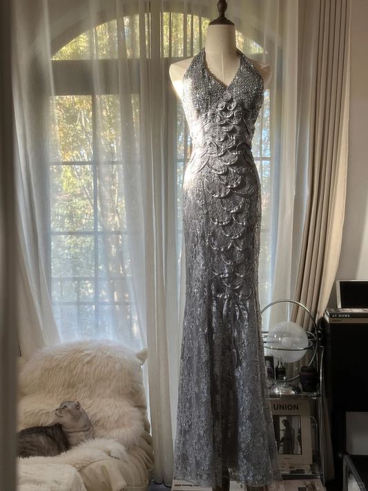Vintage Silvery V-neck Sparkling Sequin Design Romantic Chiffon Evening Dress Prom Dress D1516