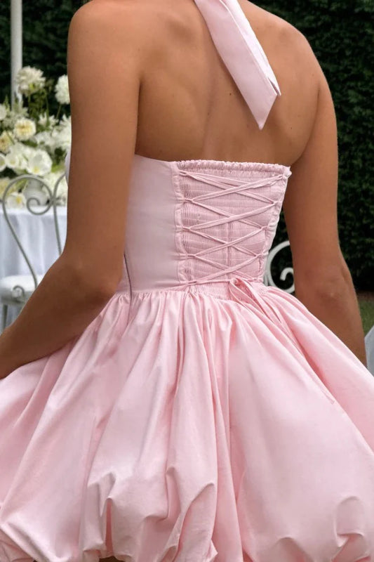 Beauty Homecoming Dress Halter Bowknot Pleated Back to School Outfits Party Dress D7106