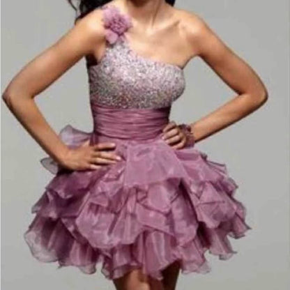 Stunning Homecoming Dress One Shoulder Beaded Sequins Tulle Rinestone Cascade Flower Back to School Outfits Party Dress D7938