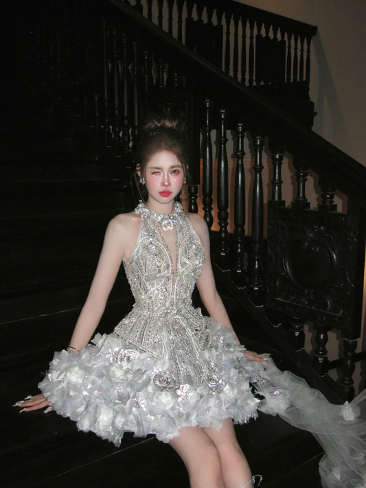 Gorgeous Glittering Silvery Beaded Sequined A-Line Halter Dress Design Party Dress Homecoming Dress D1716