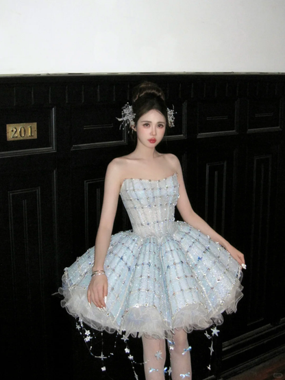 Gorgeous Shiny Light Blue Sequined A-Line Strapless Design Tiered Party Dress Homecoming Dress D1711