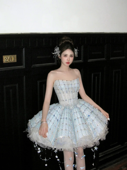Gorgeous Shiny Light Blue Sequined A-Line Strapless Design Tiered Party Dress Homecoming Dress D1711