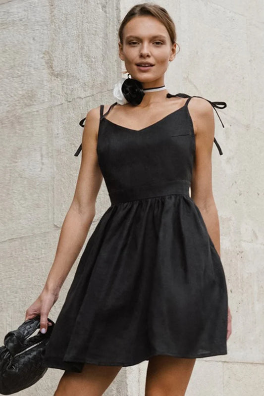 Charming Homecoming Dress V Neck Bowknot Pleated Back to School Outfits Party Dress  D7474
