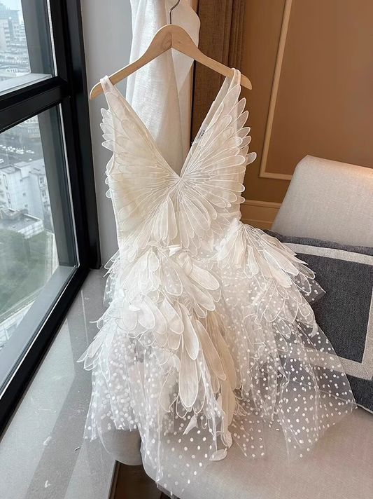 Vintage White Lace V-neck A-line Tulle Short Party Dress Homecoming Dresses D1452