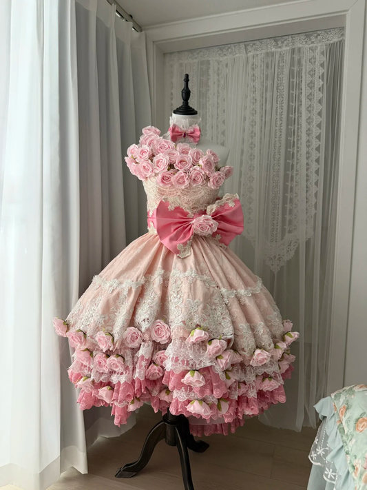 Vintage Pink 3D Floral Lace A-Line Design Tiered Party Dress Homecoming Dress  D1710