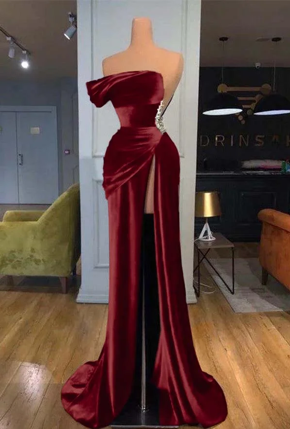 Royal Blue One Shoulder Velvet Split Long Prom Dress Evening Dress M4925