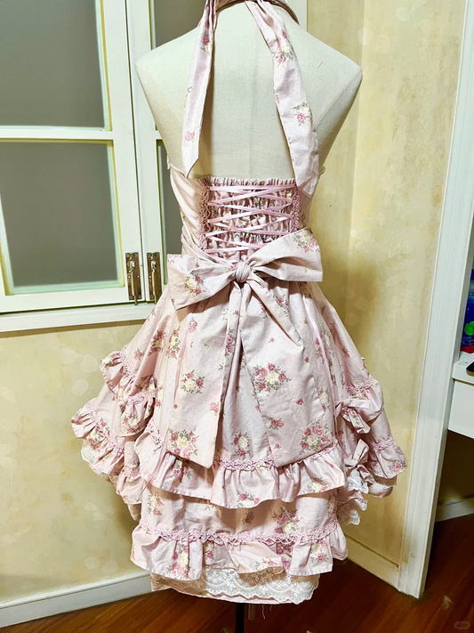 Vintage Pink Floral Halter Dress Design A-Line Elegant Tiered Homecoming Dress Birthday Dress Party Dress D1657