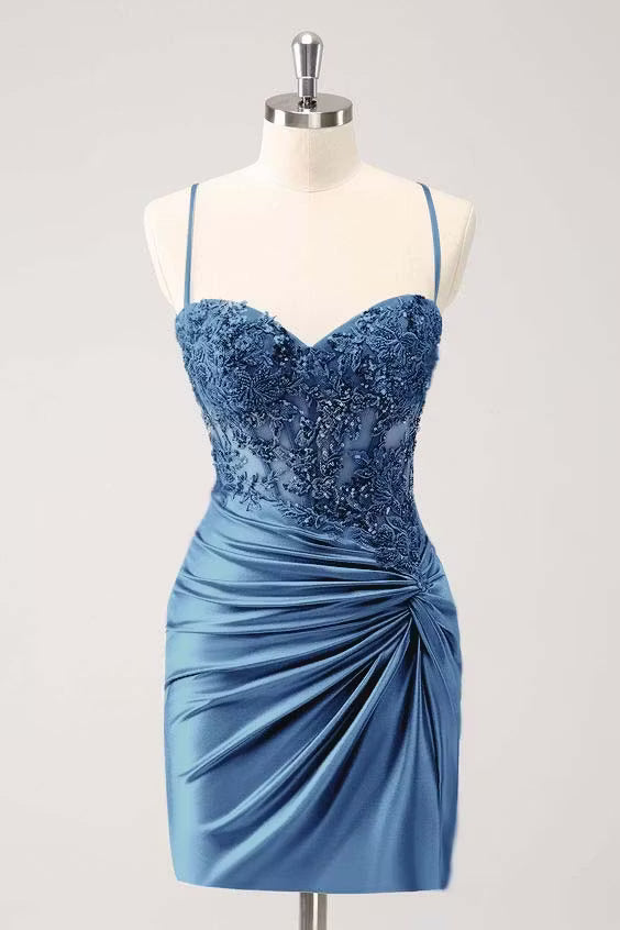 Chic Homecoming Dress Spaghetti Strap Applique Back to School Outfits Party Dress  D7403