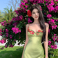 Vintage Green Floral Mermaid Spaghetti Strap Design Satin Prom Dress Evening Dress D1701
