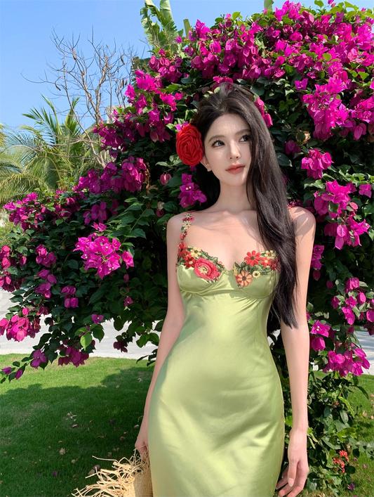 Vintage Green Floral Mermaid Spaghetti Strap Design Satin Prom Dress Evening Dress D1701