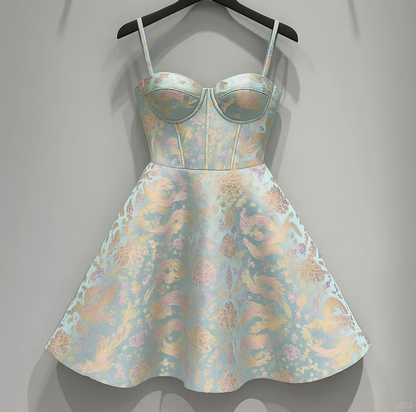 Cute Floral Sweetheart Spaghetti Strap Design Satin Party Dress Homecoming Dress D1709