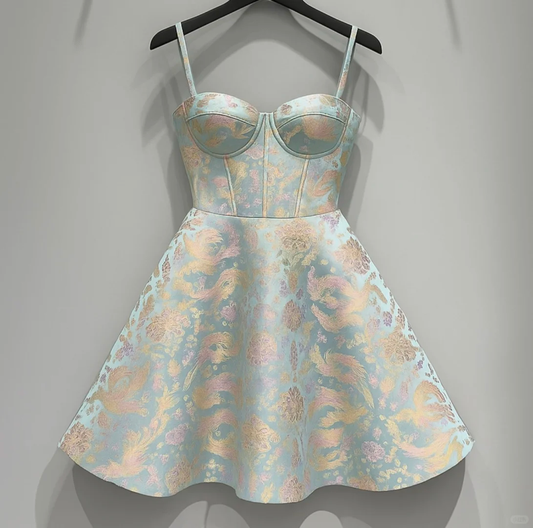 Cute Floral Sweetheart Spaghetti Strap Design Satin Party Dress Homecoming Dress D1709