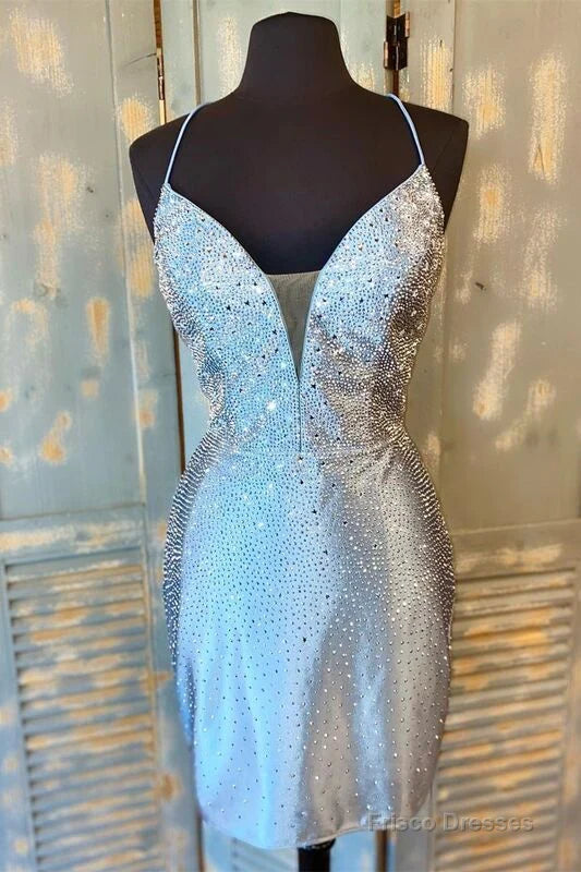 Unique Homecoming Dress Deep V Neck Beaded Rinestone Back to School Outfits Party Dress  D7706