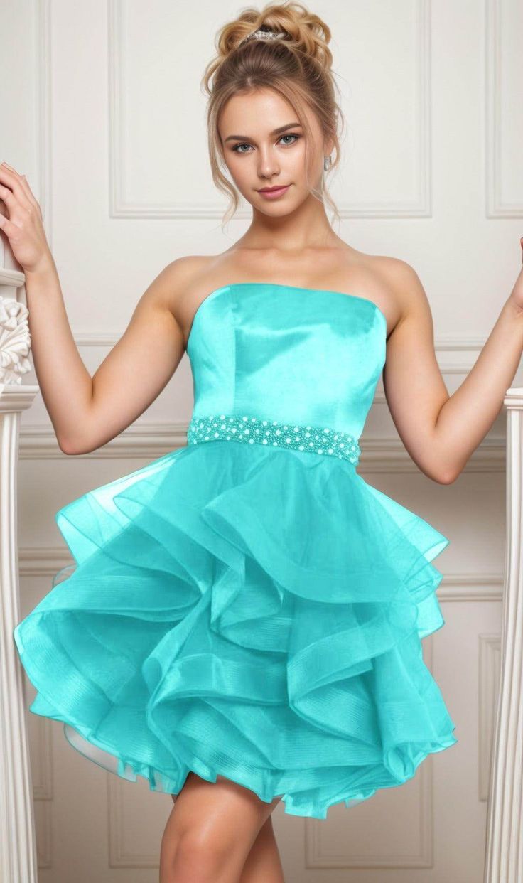 Unique Homecoming Dress Strapless Beaded Organza Cascade Back to School Outfits Party Dress D7763