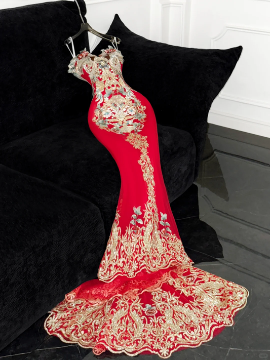 Retro Sparkling Beaded Sequin Mermaid Design Exquisite Embroidery Wedding Outfit Evening Dress Prom Dresses D1640