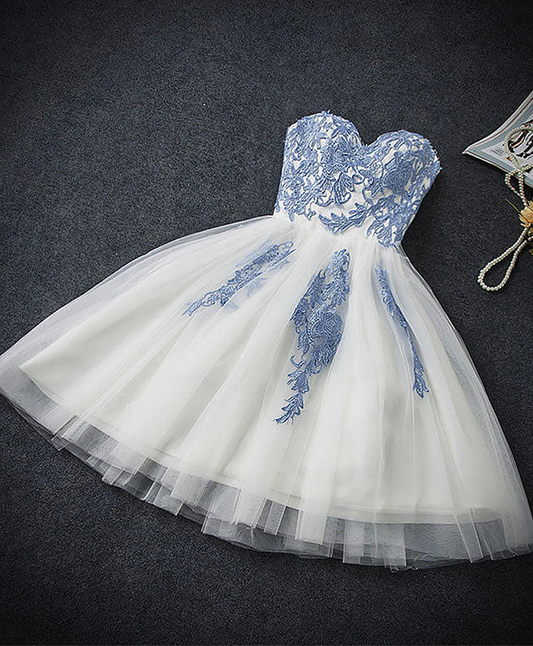 Vintage Blue Sweetheart Embroidery Design A-line Tulle Party Dress Homecoming Dress D1549