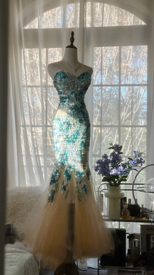Gorgeous Mermaid Blue-green Sparkling Strapless Elegant Beaded Shinny Chiffon Evening Dress Prom Dress D1469