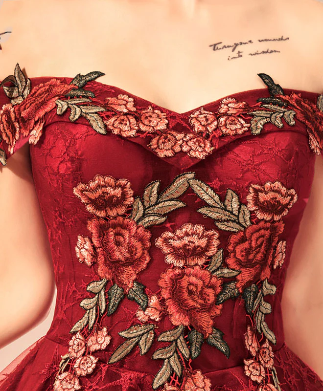 Vintage Burgundy Floral Applique Off-the-shoulder Design A-line Tulle Party Dress Homecoming Dress D1539