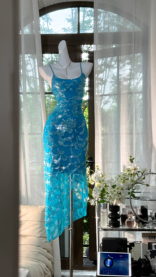Vintage Blue Mermaid Sparkling Long Chiffon Spaghetti Strap Romantic Ball Gown Evening Dress Prom Dresses D1501