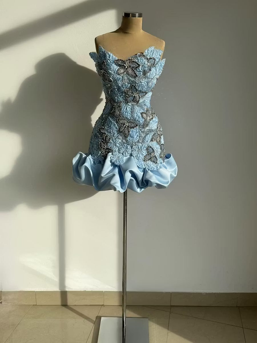 Chic Homecoming Dress Strapless Pleaed Beading Flower Rinestone Back to School Outfits Party Dress  D7400