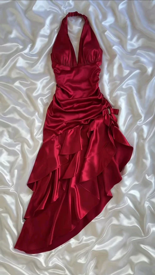 Vintage Wine Red Halter Satin Long Evening Party Dress Birthday Outfits, D406