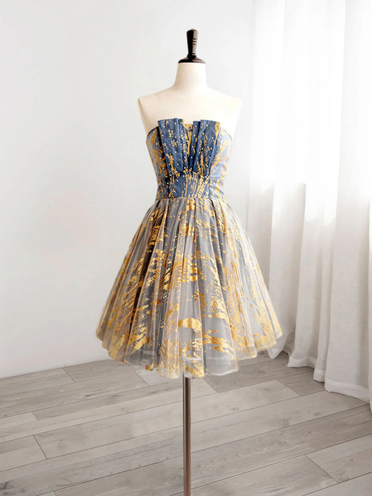 Vintage Sequin Beaded Strapless Ruffled Hem Design A-line Tulle Party Dress Homecoming Dress D1545