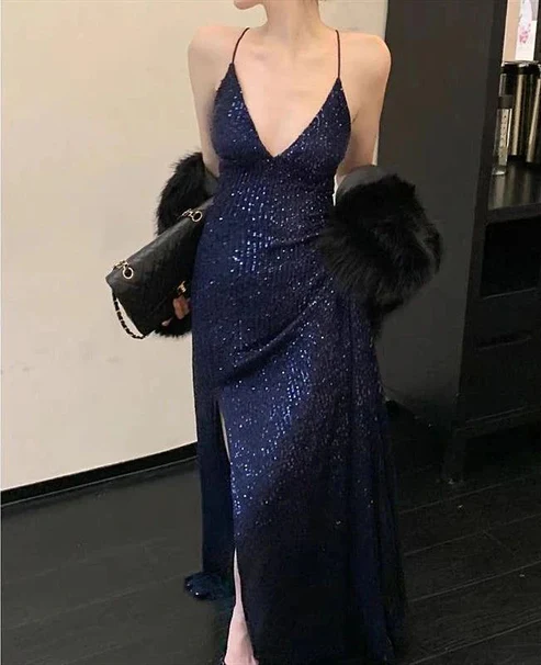 Navy Blue Straps Sequins Sheath Long Formal Party Dress with Split MD7372