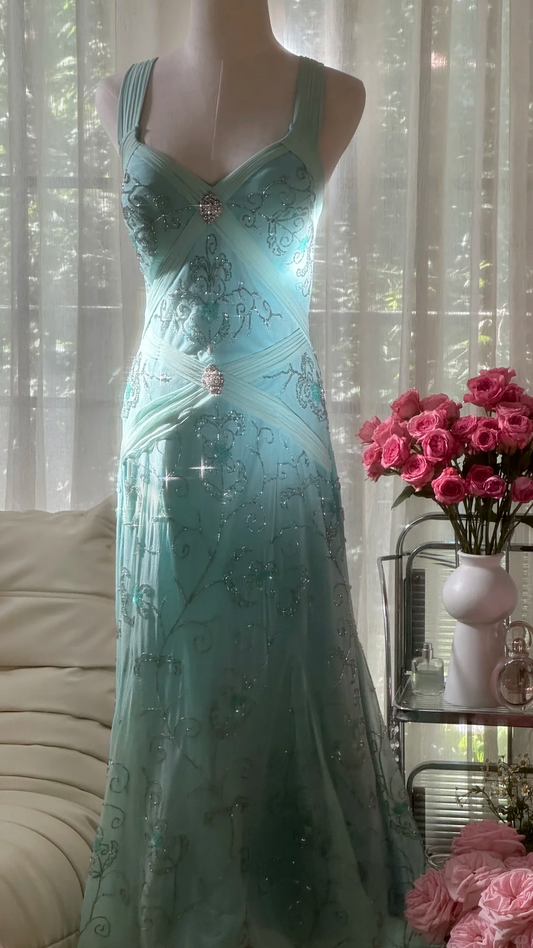 Retro Sparkling Light Blue Sweetheart Design A-line Romantic Chiffon Evening Dress Prom Dress D1480
