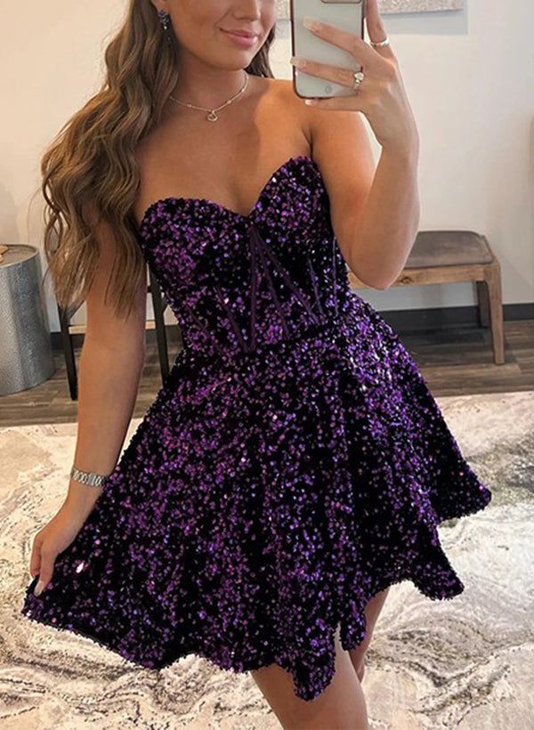 New Homecoming Dress Sweetheart Sequins Pleated Back to School Outfits Party Dress D6872
