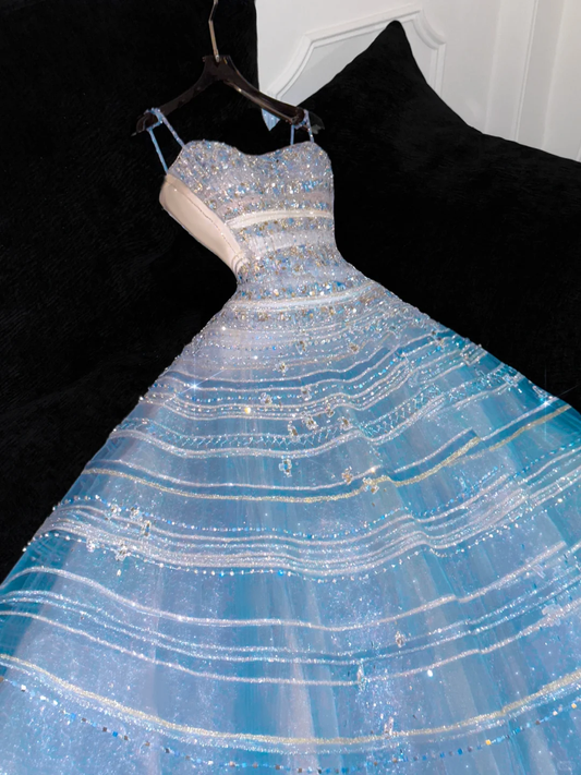 Vintage Sparkling Blue Sequin Sweetheart A-Line Design Tulle Evening Dress Prom Dresses D1635