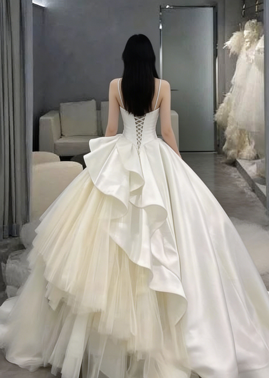 Gorgeous White A-Line Tulle Satin Ball Gown Wedding Dress MD7840