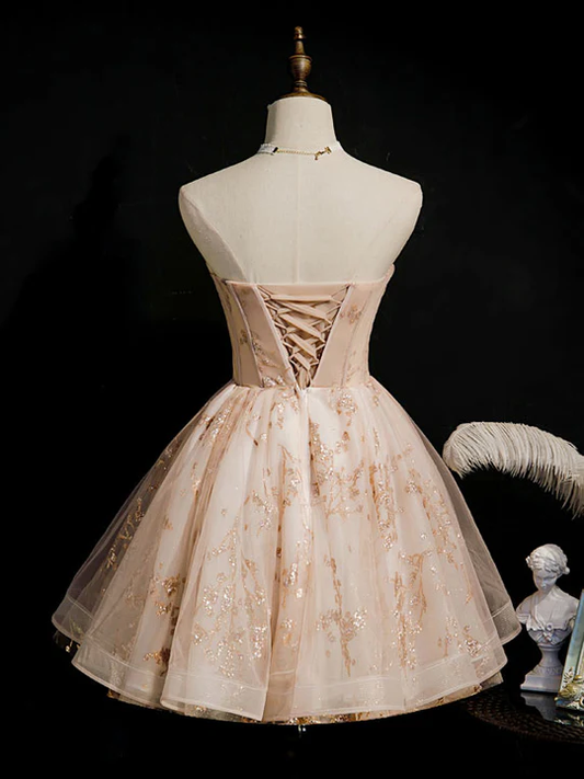 Vintage Champagne Applique Beaded Strapless Design A-line Tulle Party Dress Homecoming Dress D1555