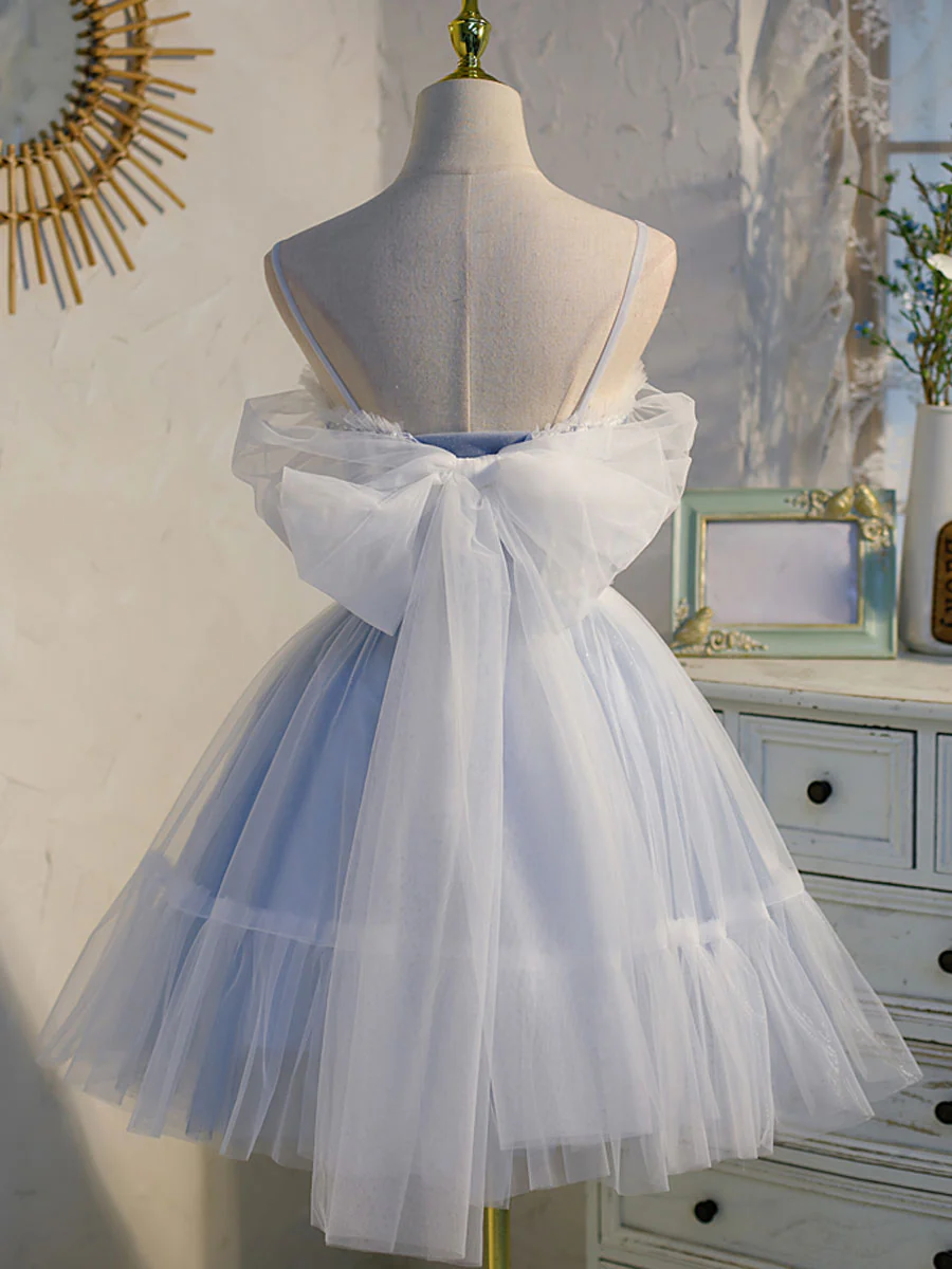 Vintage Light Blue Applique Sweetheart Spaghetti Strap Design A-line Tulle Party Dress Homecoming Dress D1553