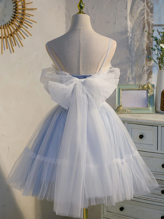 Vintage Light Blue Applique Sweetheart Spaghetti Strap Design A-line Tulle Party Dress Homecoming Dress D1553