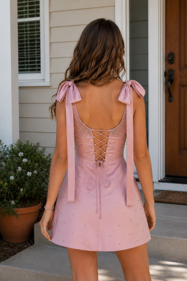 Unique Homecoming Dress Spaghetti Strap Bowknot Rinestone Back to School Outfits Party Dress D7820