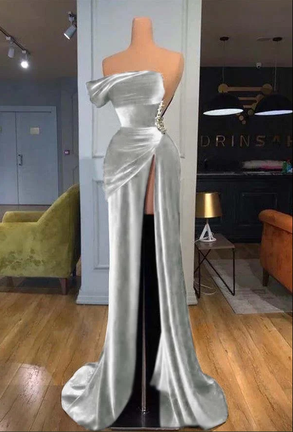 Royal Blue One Shoulder Velvet Split Long Prom Dress Evening Dress M4925