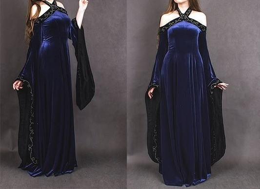 Vintage Dark Blue Halter Neck A-Line Velvet Long Formal Prom Dress Evening Dress, D828