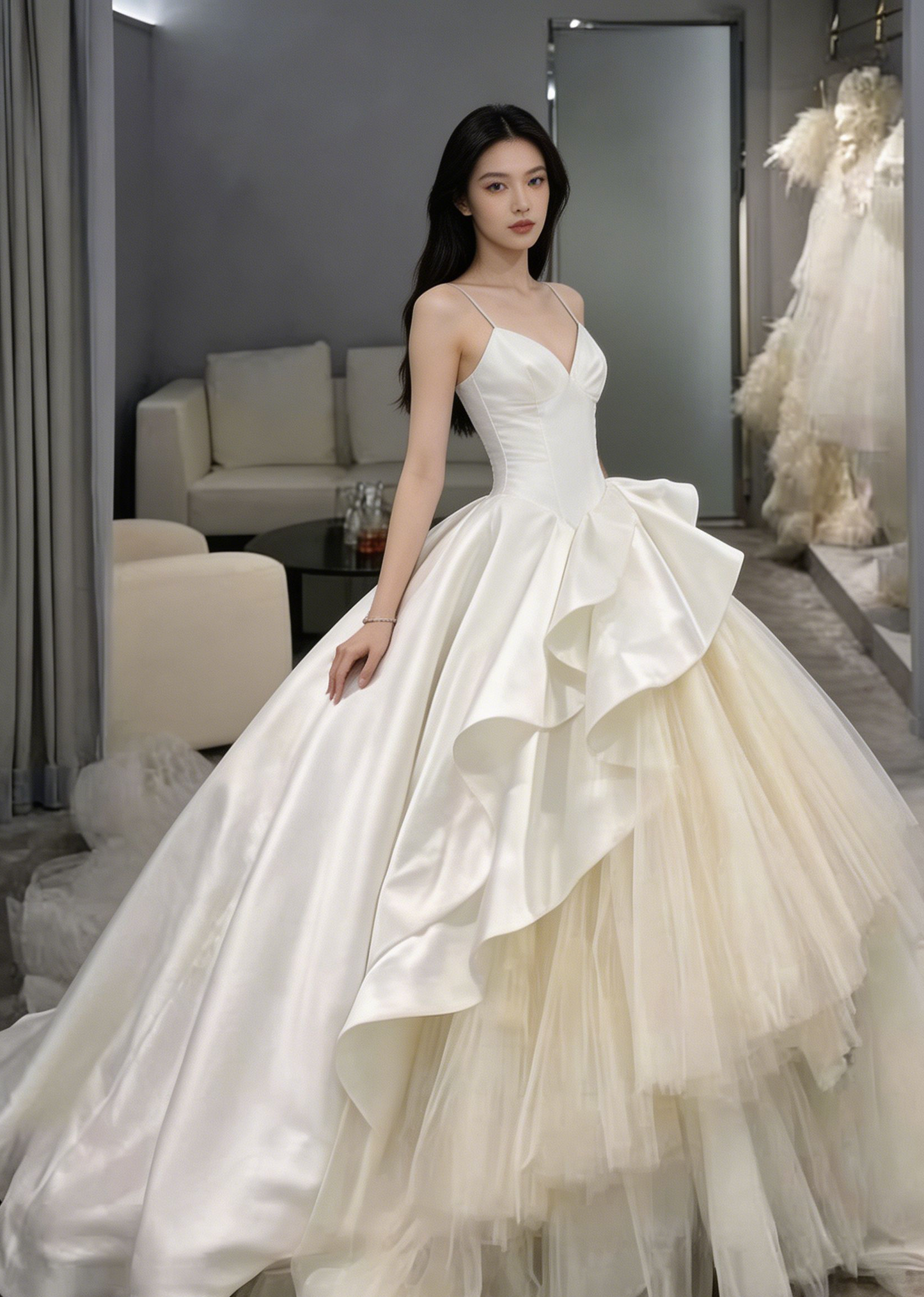 Gorgeous White A-Line Tulle Satin Ball Gown Wedding Dress MD7840