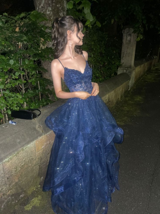 Navy Blue Spaghetti Straps A-Line Long Prom Dresses Evening Party Dresses, D1212