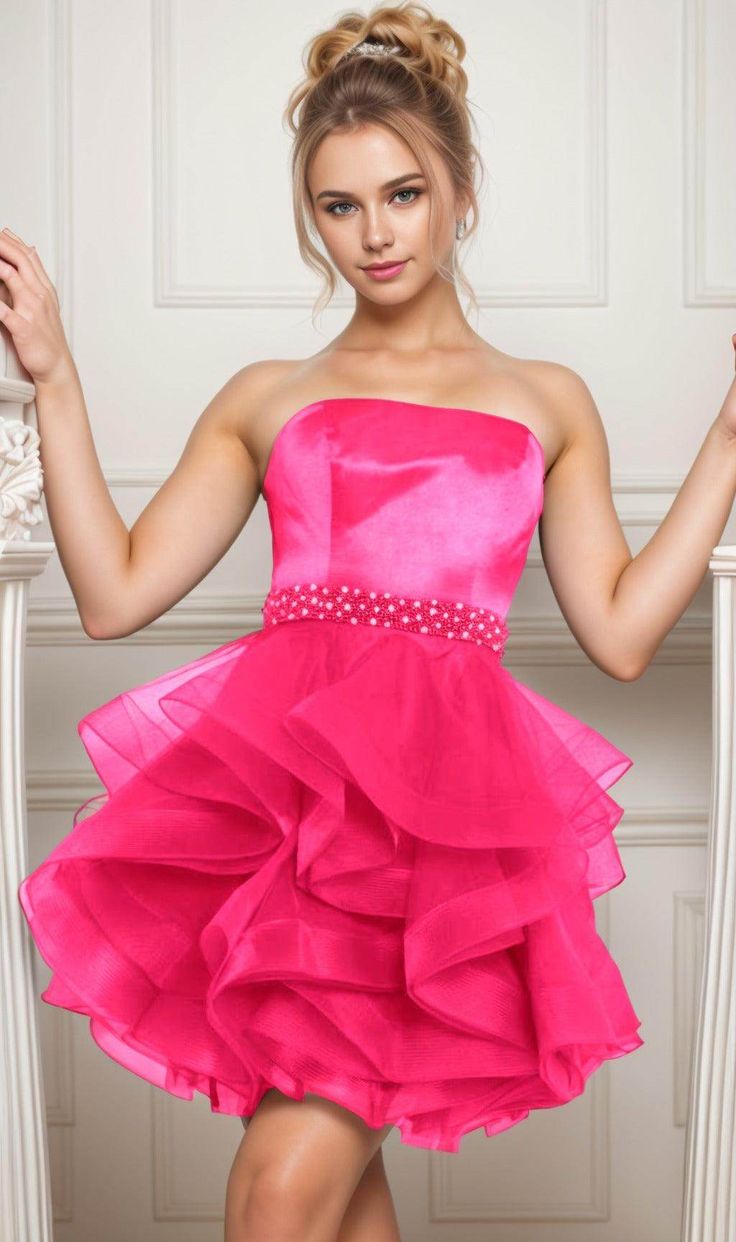 Unique Homecoming Dress Strapless Beaded Organza Cascade Back to School Outfits Party Dress D7763