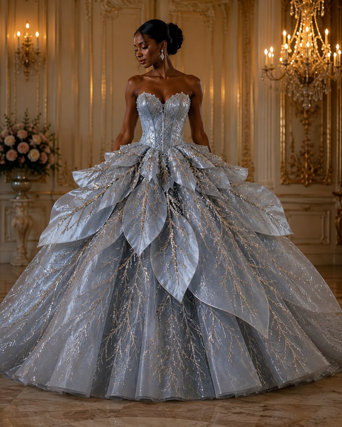 Exquisite Light Blue Strapless Organza Dress Leaf Appliques Beaded Ball Dress M016
