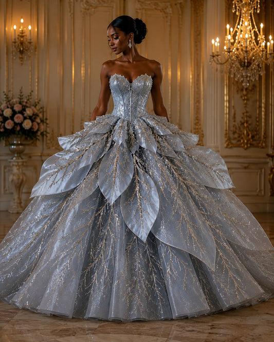 Exquisite Light Blue Strapless Organza Dress Leaf Appliques Beaded Ball Dress M016