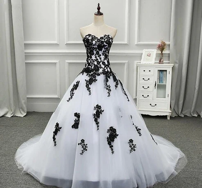 Strapless Beautiful White and Black Long Prom Dress Ball Gown Wedding Dress MD7176