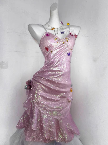Glitter Pink Sequin Spaghetti Strap Butterfly Design 16th Birthday Party Dress Homecoming Dress D1526